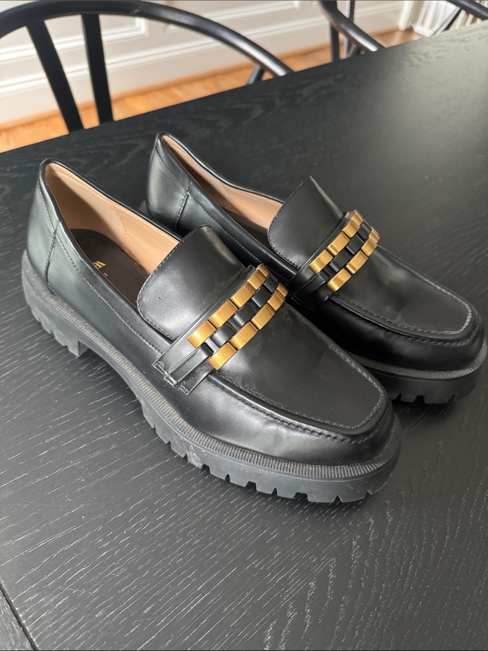 Zara Black Leather Lug Sole Loafers with Gold Chain Trim